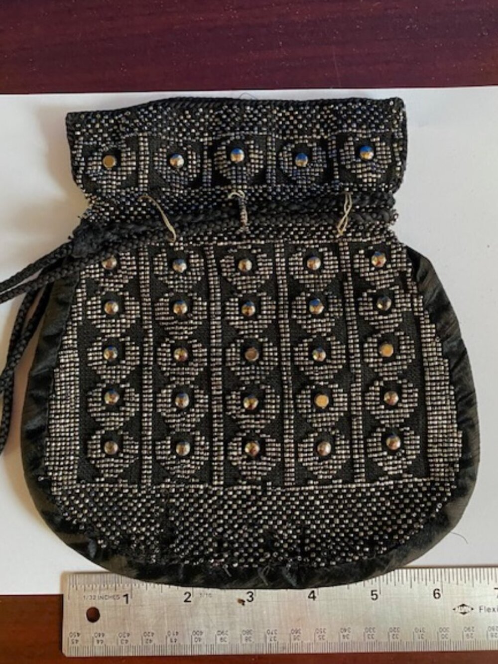Vintage Victorian drawstring bag black and silver cut steel beadwork silk lined